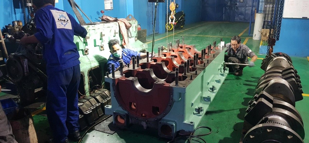 Engine components on the workshop floor